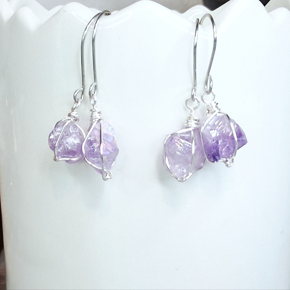 Aura amethyst crystal wire wrapped gemstone earrings